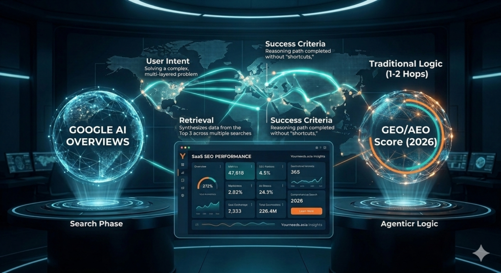 Isometric Infographic: Traditional vs SAGE Agentic Search Logic (Multi-Hop) 2026