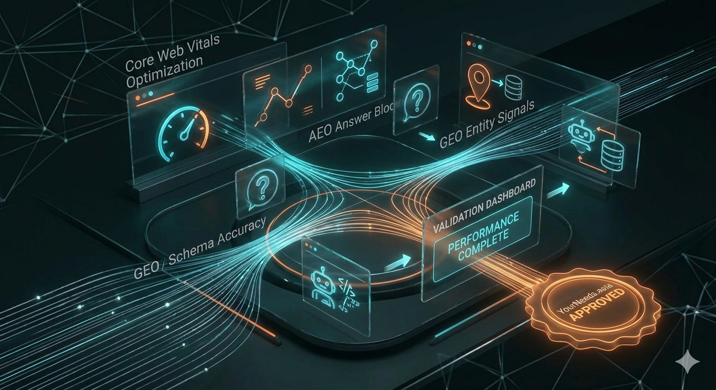 AI SEO Company USA — YourNeeds.asia technical GEO validation dashboard showing Core Web Vitals Optimization, AEO Answer Blocks, GEO Entity Signals and Schema Accuracy flowing into YourNeeds.asia Approved performance certification