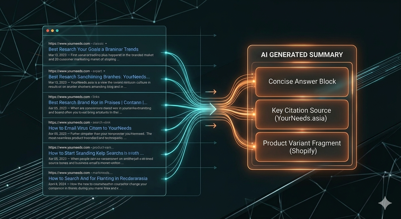 AI SEO Services USA — YourNeeds.asia showing how ranked search results flow into an AI Generated Summary containing a Concise Answer Block, Key Citation Source YourNeeds.asia, and Product Variant Fragment for Shopify e-commerce