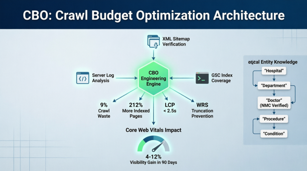 crawl budget optimization healthcare, CBO medical SEO India, healthcare website architecture, Core Web Vitals medical sites, WRS truncation prevention, medical schema implementation, hospital SEO technical architecture