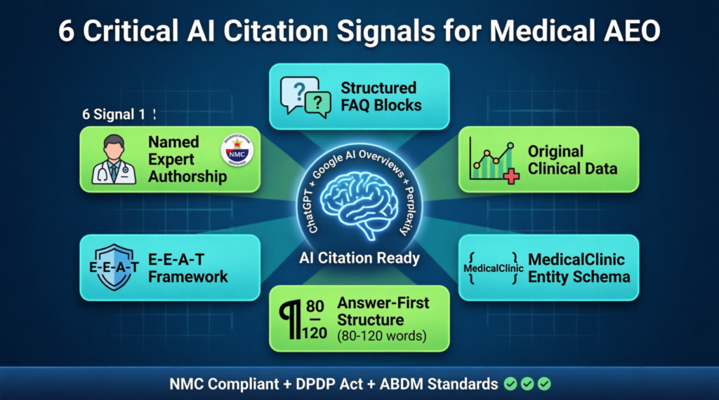 "6 Critical AI Citation Signals for Medical AEO circular diagram showing Named Expert Authorship with NMC verification, Structured FAQ Blocks, Original Clinical Data, MedicalClinic Entity Schema, Answer-First Structure 80-120 words, E-E-A-T Framework surrounding central AI brain icon representing ChatGPT Google AI Overviews and Perplexity, with NMC Compliant DPDP Act ABDM Standards compliance badges"