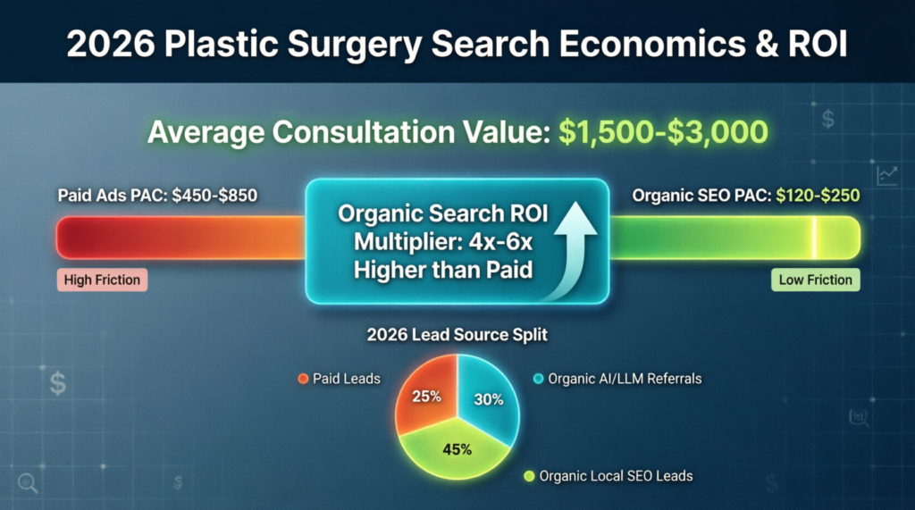 plastic surgery SEO ROI 2026, medical PPC vs SEO comparison, patient acquisition cost plastic surgery, organic search ROI healthcare, plastic surgery marketing ROI, healthcare PAC comparison, medical lead generation costs, aesthetic surgery SEO economics
