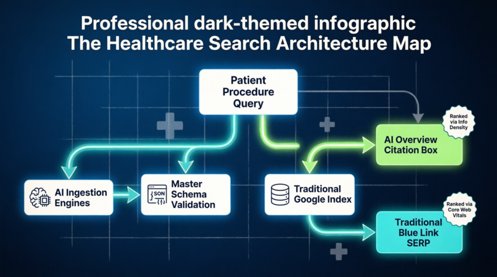 healthcare search architecture, AI ingestion engines medical SEO, traditional Google index vs AI overview, medical schema validation, healthcare information density ranking, Core Web Vitals medical sites, dual-path search optimization, healthcare SEO technical architecture