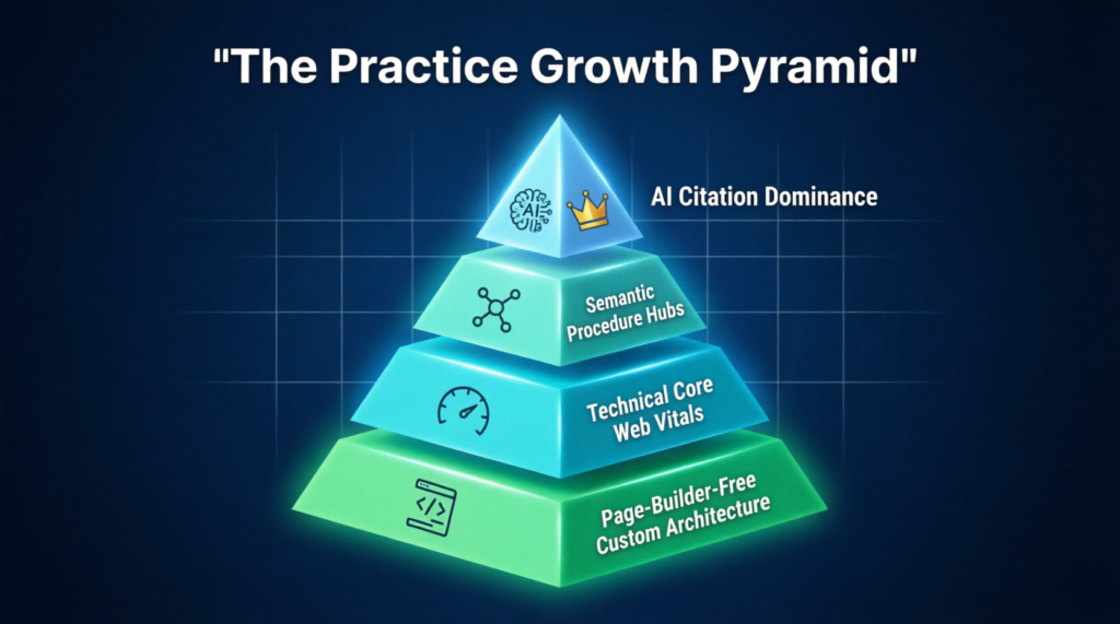 practice growth pyramid healthcare SEO, medical website architecture framework, Core Web Vitals optimization strategy, semantic procedure hubs medical SEO, AI citation dominance healthcare, page-builder-free medical websites, healthcare SEO methodology, medical practice digital growth strategy
