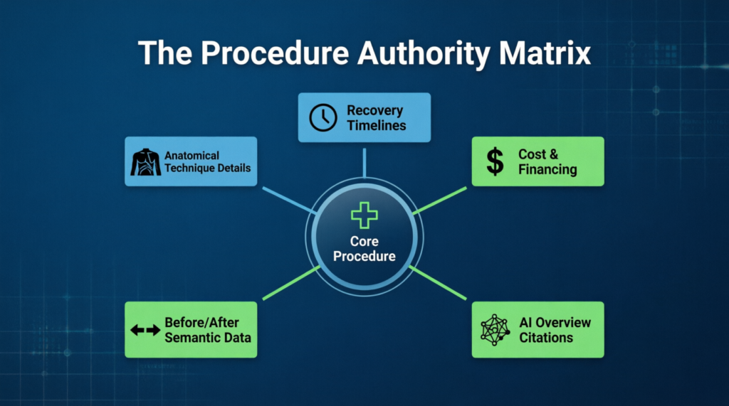 procedure authority matrix healthcare, medical procedure page optimization, semantic content clustering medical SEO, healthcare content hub strategy, anatomical detail SEO medical, recovery timeline content healthcare, AI citation procedure pages, before/after data medical SEO