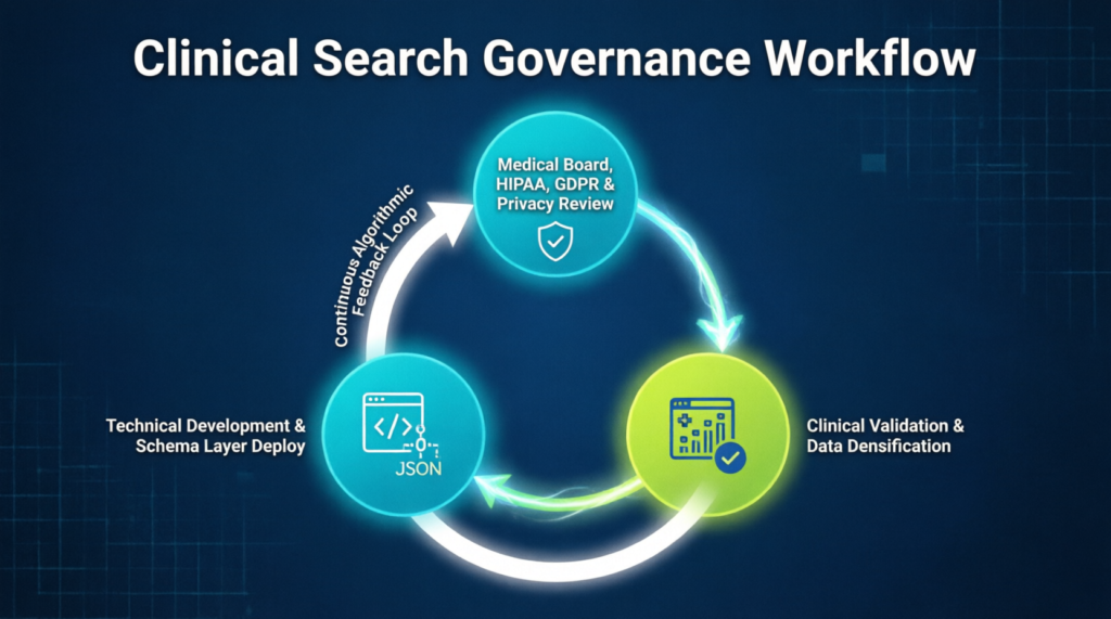 clinical search governance workflow, healthcare SEO compliance process, medical board review HIPAA GDPR, clinical validation healthcare SEO, schema layer deployment medical sites, continuous algorithmic feedback healthcare, medical data densification strategy, healthcare technical development workflow