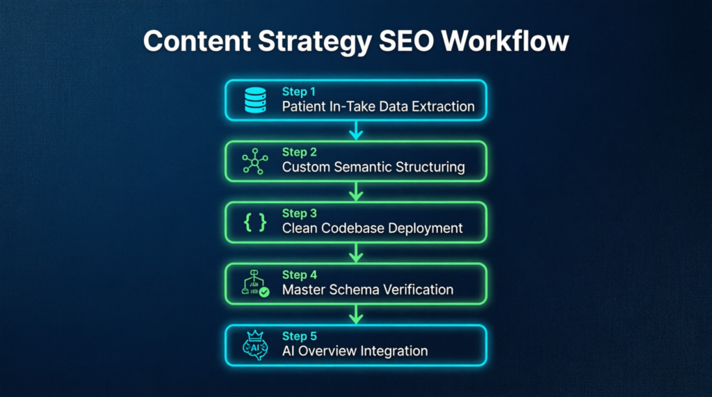 content strategy SEO workflow healthcare, patient data extraction medical SEO, semantic structuring healthcare content, clean codebase deployment medical sites, schema verification healthcare SEO, AI overview integration medical content, healthcare content development process, medical SEO workflow methodology