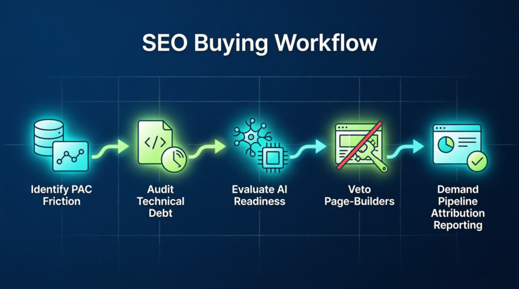 SEO buying workflow healthcare, how to choose medical SEO agency, patient acquisition cost PAC analysis, technical debt audit medical websites, AI readiness evaluation healthcare SEO, page-builder veto medical sites, pipeline attribution reporting healthcare marketing, healthcare SEO procurement guide