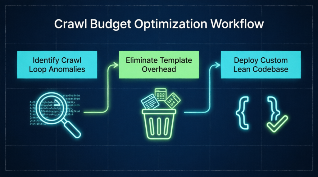 crawl budget optimization workflow healthcare, identify crawl loop anomalies medical SEO, eliminate template overhead healthcare websites, deploy custom lean codebase medical sites, reduce crawl waste hospital SEO, technical SEO healthcare architecture, page-builder-free medical websites, Core Web Vitals optimization healthcare