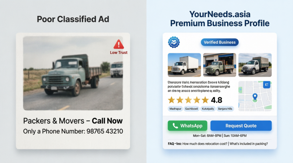 Comparison between a basic classified ad and a professional movers business profile