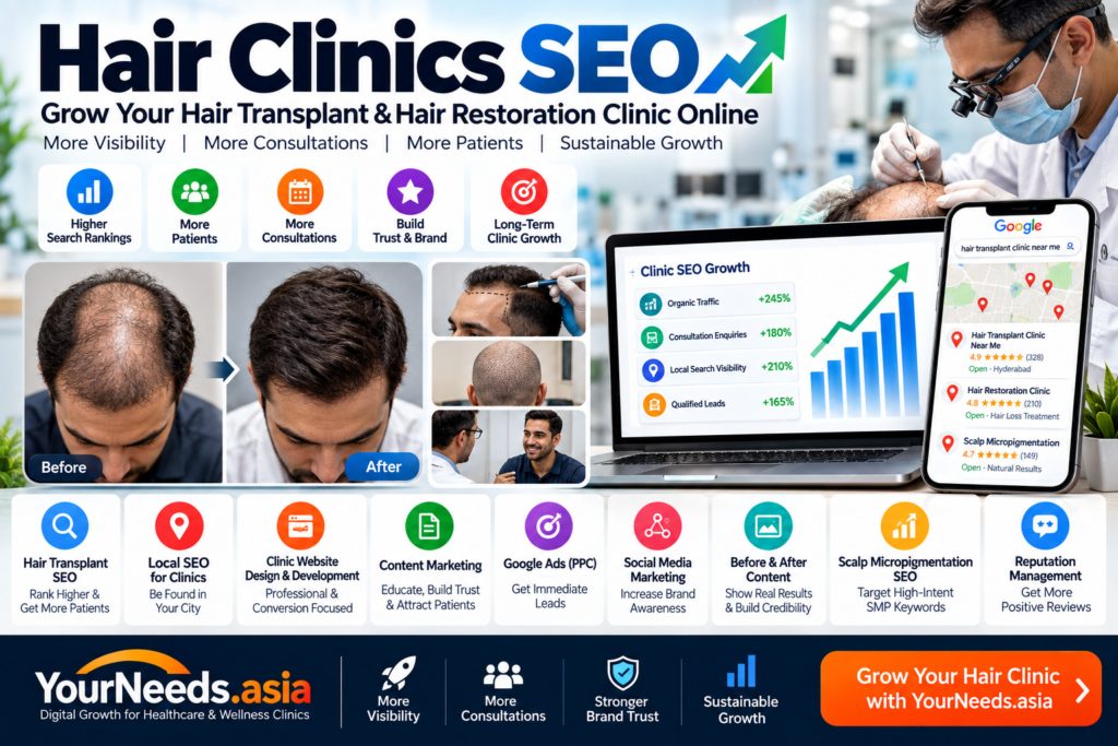 Hair Clinics SEO and Hair Transplant Digital Marketing including Local SEO, clinic website optimization and scalp micropigmentation SEO